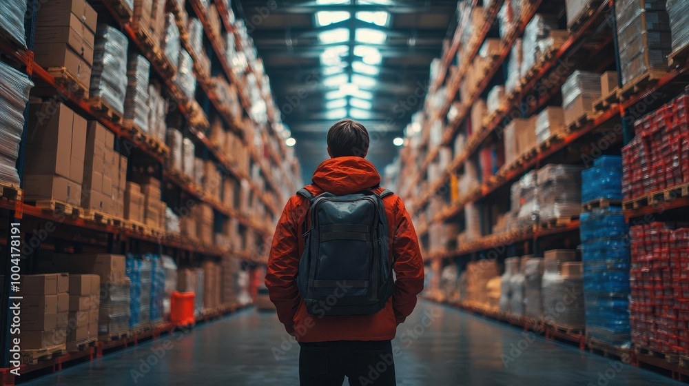 Obraz premium employee diligently assessing stock in a bustling warehouse bright overhead lights illuminate rows of products showcasing organized chaos in a factory setting