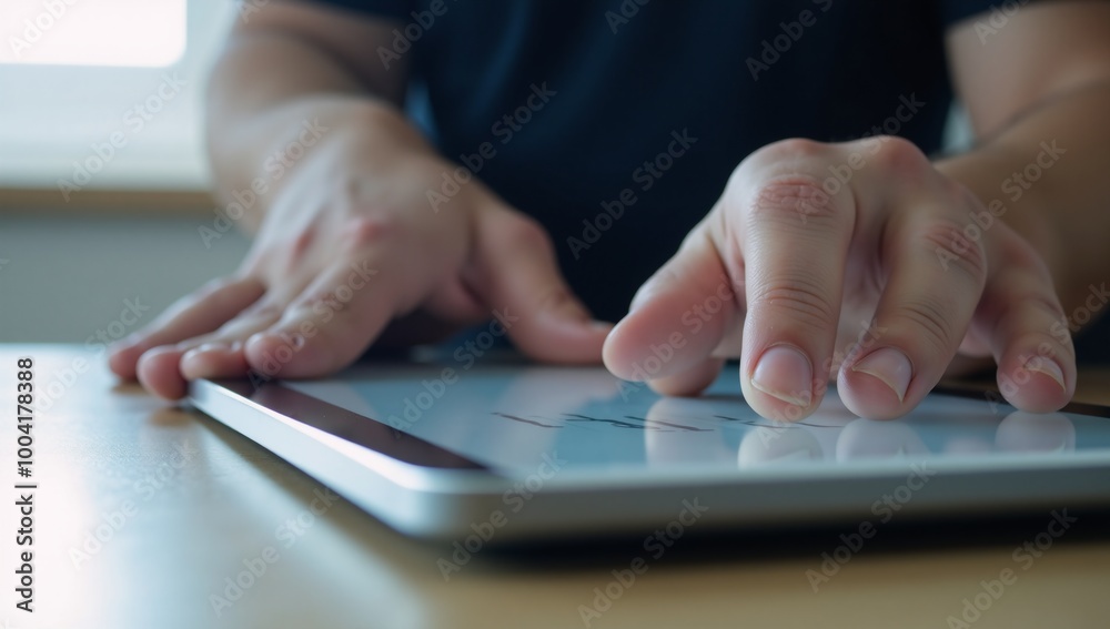 Fototapeta premium Man hands are continuously interacting with e-documents on screens within a streamlined digital workflow