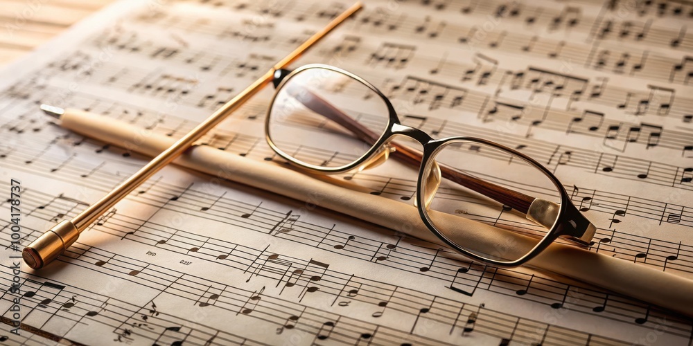 Music conductor's baton and glasses resting on sheet music with musical notes Music conductor's baton and glasses resting on sheet music with musical notes