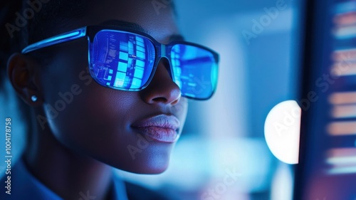 Young woman wearing blue sunglasses, focused on digital screen, modern technology concept, professional settings.