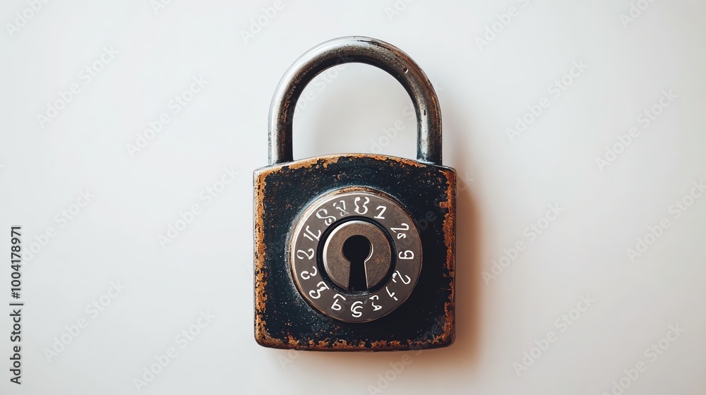 A rusty combination lock on a white background. A rusty combination lock on a white background.