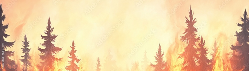 A vibrant, fiery landscape depicting a forest fire with tall trees in the foreground and an orange sky in the background. A vibrant, fiery landscape depicting a forest fire with tall trees in the foreground and an orange sky in the background.