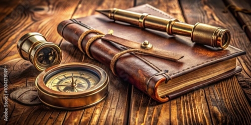 Vintage compass, leather copy book, and telescope on wooden table for exploration adventure concept