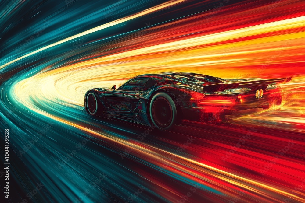 Dynamic digital artwork of a speeding car, vibrant colors, motion blur, energy and excitement captured in a contemporary style Dynamic digital artwork of a speeding car, vibrant colors, motion blur, energy and excitement captured in a contemporary style