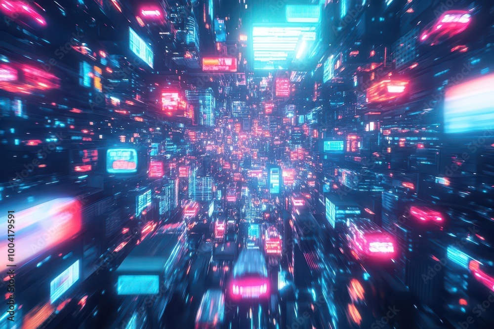 Aerial traffic of futuristic vehicles in a neonlit sky, urban landscape, 3D illustration Aerial traffic of futuristic vehicles in a neonlit sky, urban landscape, 3D illustration