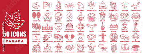 50 icon collection of Canada in outline design style with name of every icon.