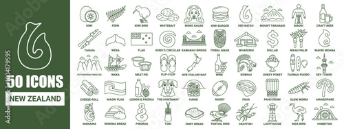 50 icon collection of new zealand in outline design style with name of every icon.