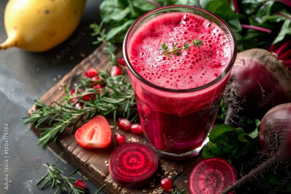 Close up of fresh beet juice and beet elements on wooden table emphasizing healthy detox lifestyle Close up of fresh beet juice and beet elements on wooden table emphasizing healthy detox lifestyle