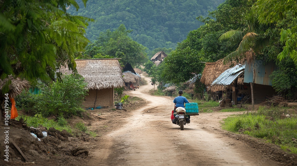 Fototapeta premium Rural village road with rider on motorcycle