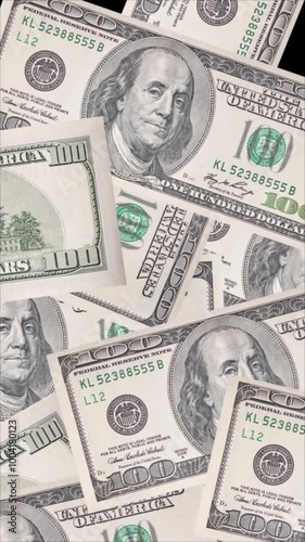 Hundred Dollar Bill Vertical Transition. Top to bottom animation of money falling from top to bottom in a vertical composition. 