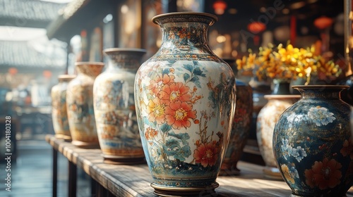 Colorful vases displayed in a traditional market setting.