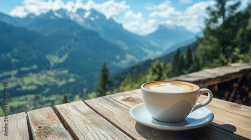 Enjoying a coffee with a breathtaking mountain view during a sunny afternoon in the Alps