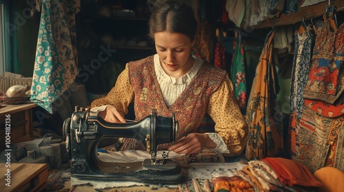 Woman sewing with vintage sewing machine. photo