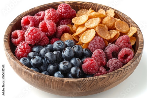 Delicious breakfast muesli bowl featuring raspberries, blueberries, blackberries, and cereal