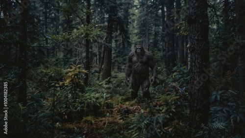 Vintage film photo of Bigfoot in a forest. Illustration of a Sasquatch. Yeti in the woods. 