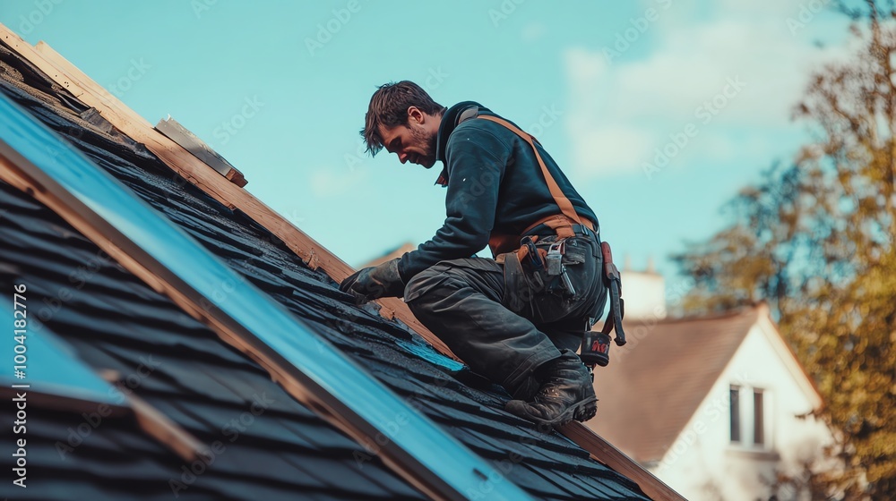 Worker installing roof shingles outdoors Worker installing roof shingles outdoors