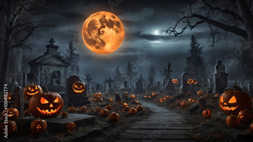 Halloween scene with haunted graveyard under a full moon is filled with pumpkins.