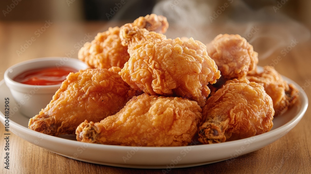 An inviting shot of a freshly fried chicken platter, steam rising from the golden pieces, with a small bowl of hot sauce on the side. The image promises a delightful dining experience. An inviting shot of a freshly fried chicken platter, steam rising from the golden pieces, with a small bowl of hot sauce on the side. The image promises a delightful dining experience.