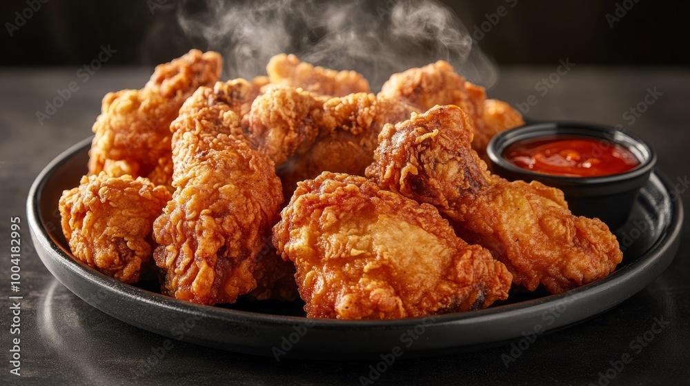 An inviting shot of a freshly fried chicken platter, steam rising from the golden pieces, with a small bowl of hot sauce on the side. The image promises a delightful dining experience. An inviting shot of a freshly fried chicken platter, steam rising from the golden pieces, with a small bowl of hot sauce on the side. The image promises a delightful dining experience.