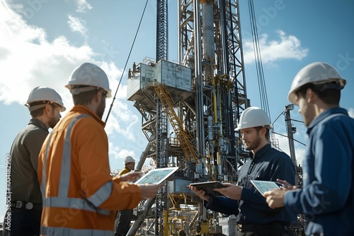 Engineers analyzing data on tablets at an oil rig during daylight photo