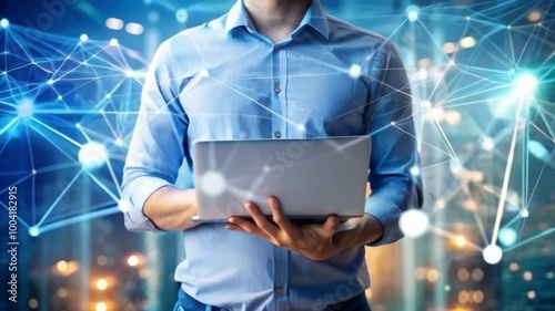 businessman holding tablet with social network icons style hologram network