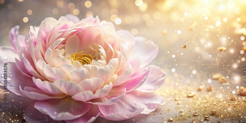 Ethereal Peony Petals Shimmering with Gold and Silver Dust in Radiant Beauty Ethereal Peony Petals Shimmering with Gold and Silver Dust in Radiant Beauty