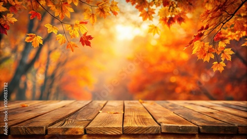 Autumn themed wooden table with vibrant orange leaves against blurred fall background