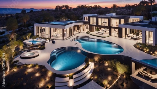 Stunning aerial views of a luxury million-dollar house, showcasing an expansive backyard with a pristine swimming pool, elegant exterior lighting, and breathtaking twilight scenes. Modern design pool

