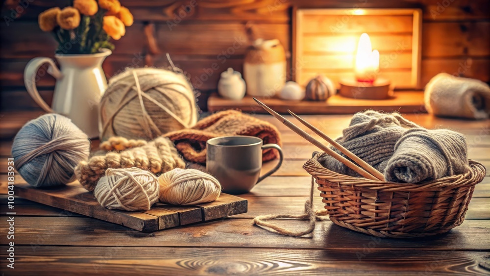 Knitting process with wool on wooden table in cozy home setting, craft concept