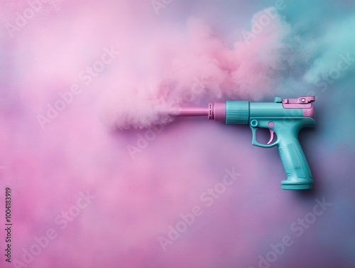 Colorful smoke clouds billowing from a turquoise spray gun against a vibrant background.