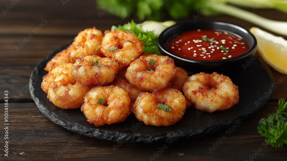 Crispy Shrimp with Dipping Sauce on Plate Crispy Shrimp with Dipping Sauce on Plate