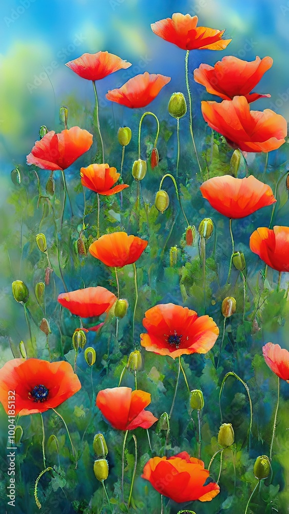 Fototapeta premium Poppies in a meadow painted with watercolors. Crimson Meadow Whispers
