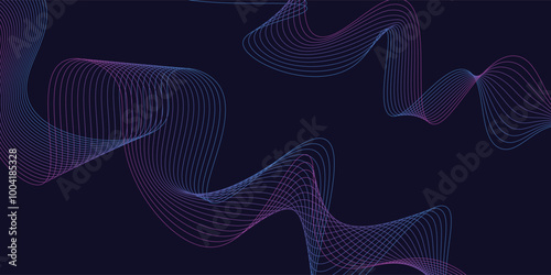 Abstract blue and purple gradient flowing wave lines on dark blue background.Abstract blue and purple gradient flowing wave lines on dark blue background.