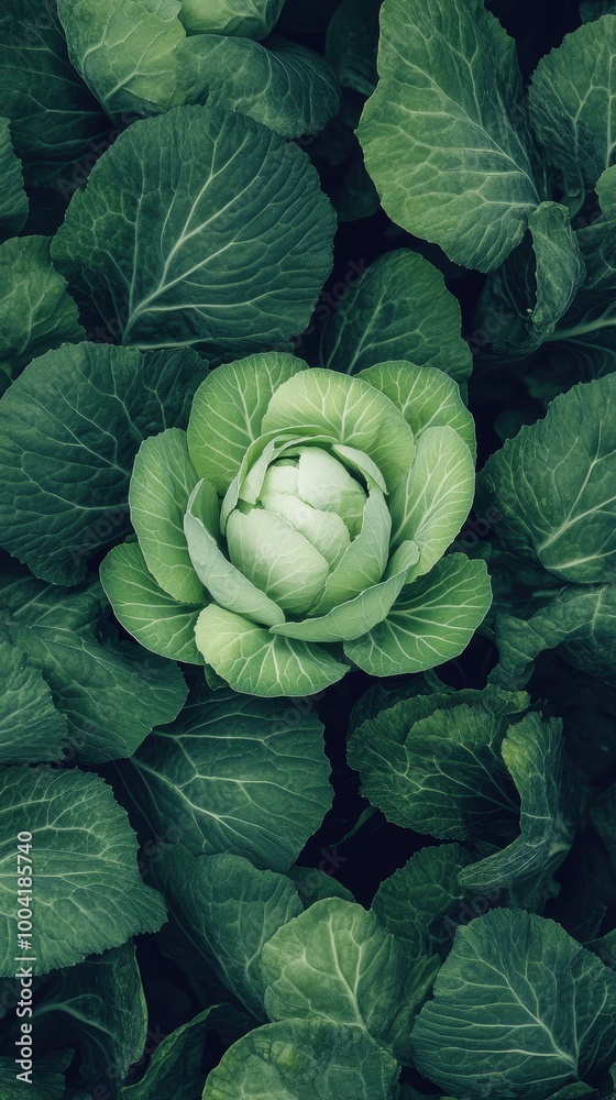 Obraz premium Fresh green cabbage on lush leafy background, healthy organic vegetable, nature's abundance.