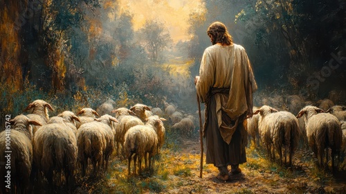 evocative landscape depicting jesus as the good shepherd guiding his sheep through tranquil fields bathed in light symbolizing care and divine protection