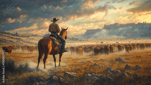 Cowboy on horseback in a scenic landscape