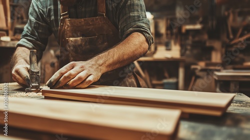 Craftsman working on wooden planks photo