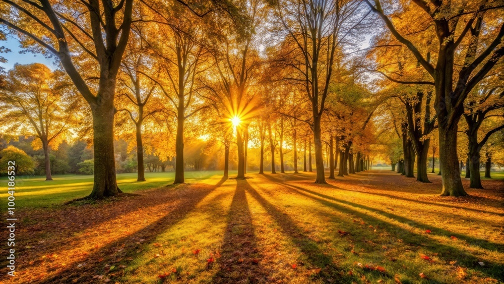 Fototapeta premium Golden sunset light shining through autumn trees casting long shadows