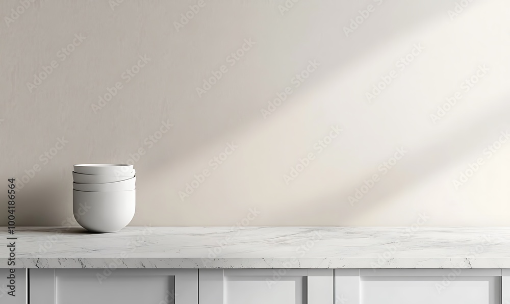 White kitchen tabletop for product presentation. Empty marble countertop. Minimalistic mockup for restaurant or beauty ad design. White kitchen tabletop for product presentation. Empty marble countertop. Minimalistic mockup for restaurant or beauty ad design.