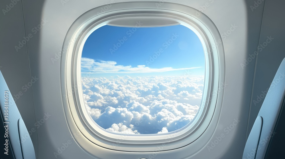 Template of an airplane window showing both the interior seat and the bright blue sky with clouds outside. Template of an airplane window showing both the interior seat and the bright blue sky with clouds outside.