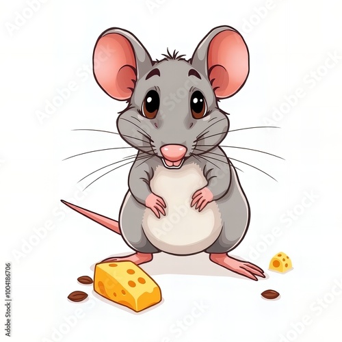 cartoon mouse with cheese and nuts on white background.