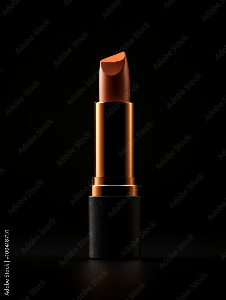 Lipstick in gold and black packaging against a dark background, highlighting its smooth texture and rich color. Lipstick in gold and black packaging against a dark background, highlighting its smooth texture and rich color.