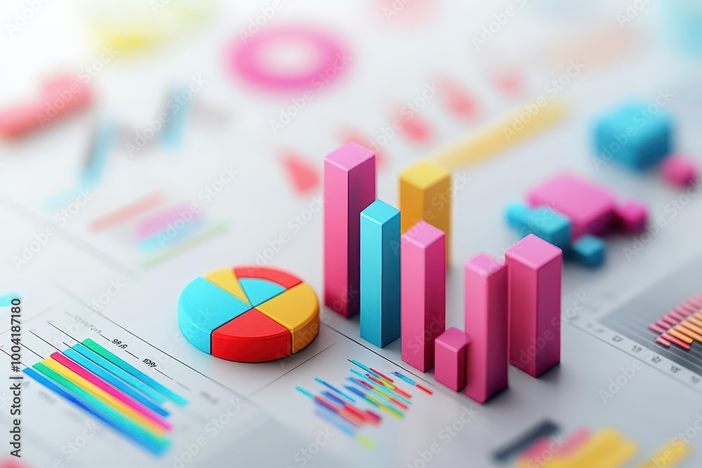 Business analytics dashboard, graphs, and pie charts, 3D illustration Business analytics dashboard, graphs, and pie charts, 3D illustration