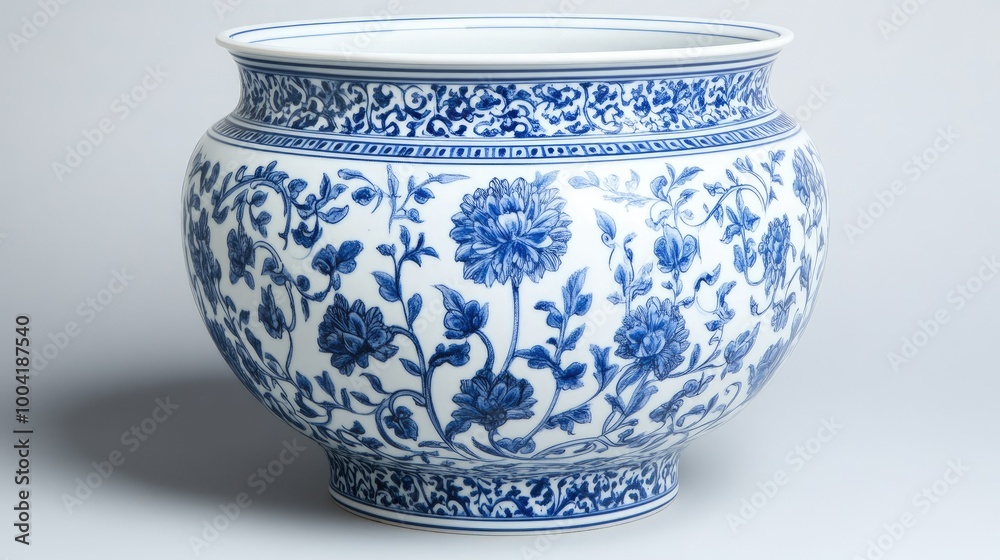 Traditional Chinese blue and white flowerpot, featuring intricate floral patterns and fine detailing against a clean backdrop. Traditional Chinese blue and white flowerpot, featuring intricate floral patterns and fine detailing against a clean backdrop.