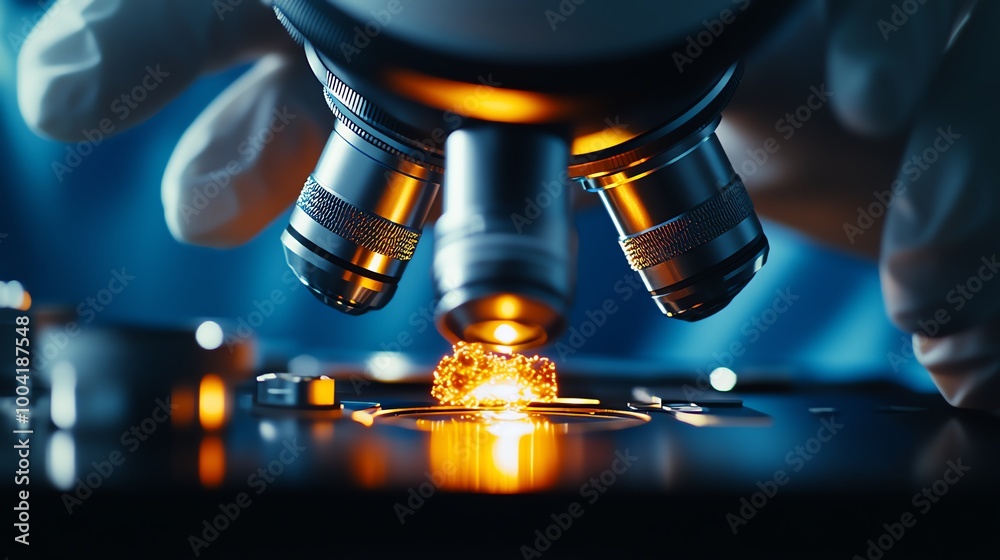 Closeup of a scientists hand adjusting a microscope with detailed cellular samples in focus, microscope in use, scientific observation and analysis Closeup of a scientists hand adjusting a microscope with detailed cellular samples in focus, microscope in use, scientific observation and analysis