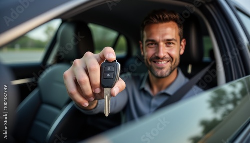 A man is holding a car key and smiling