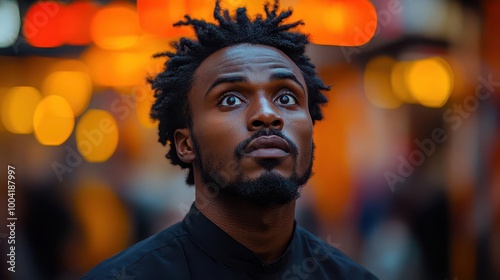 expressive portrait of a perplexed man set against a dynamic orange background capturing intricate facial features and emotions through bold color contrasts and artistic expression