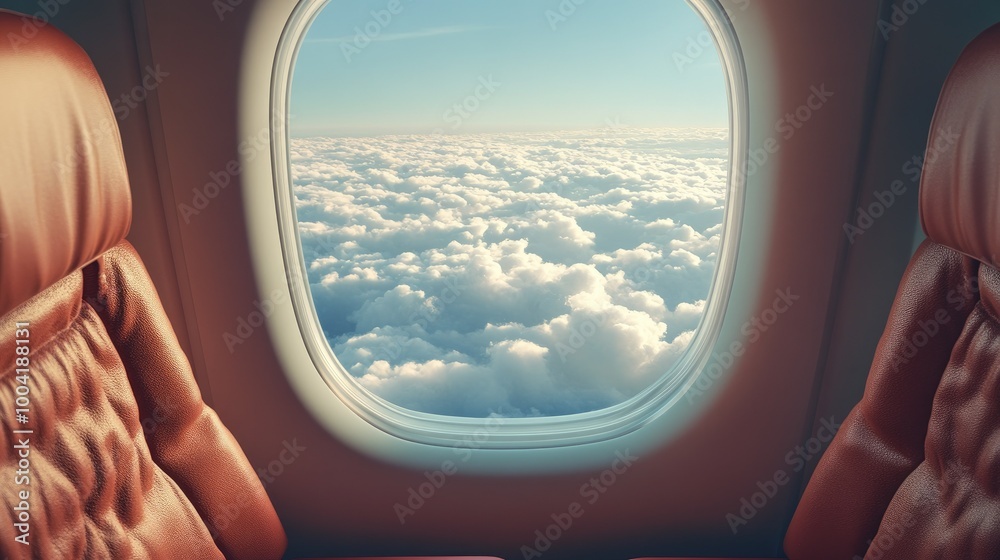 Fototapeta premium View from an airplane window template, capturing both the interior cabin and the scenic outside view of clouds.