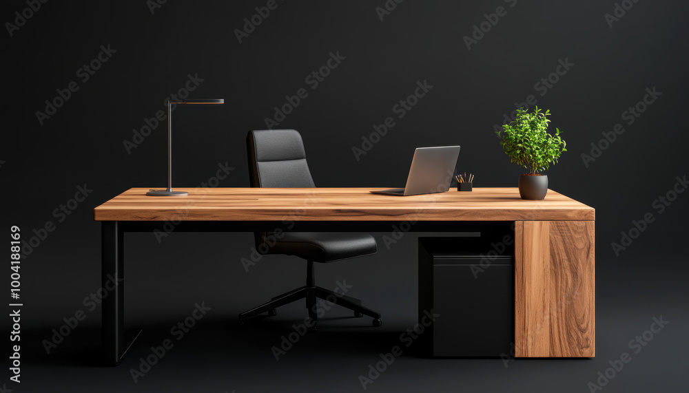 Modern office workspace with a wooden desk, chair, laptop, and plant on a black background.