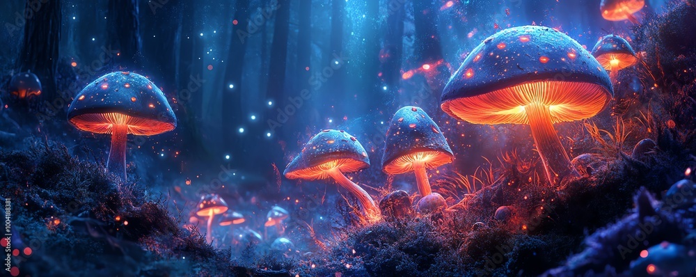 Otherworldly glowing mushrooms in a mystical dark forest, emphasizing bioluminescence and enchanting nature Otherworldly glowing mushrooms in a mystical dark forest, emphasizing bioluminescence and enchanting nature